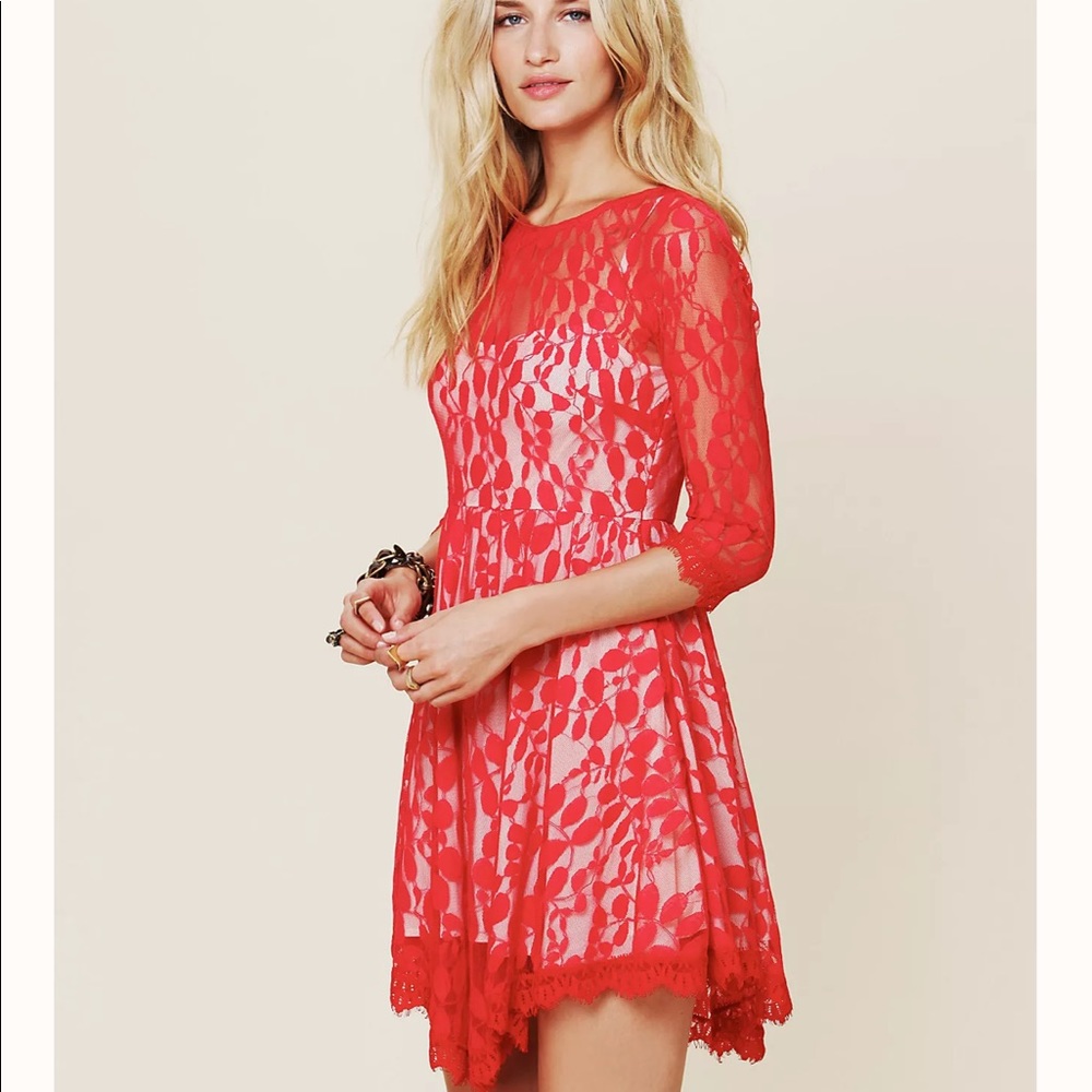 FREE PEOPLE Anthropologie Boho Floral Lace Mesh Dress Red
